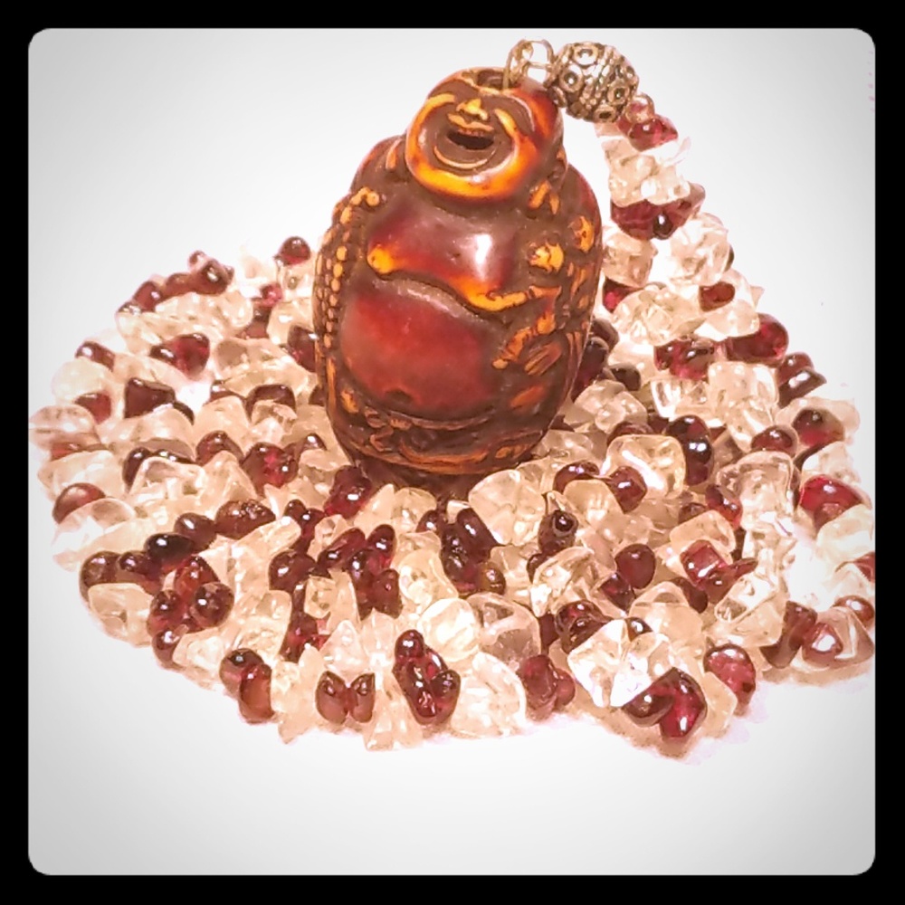 Garnet & Quartz Necklace w/Resin Buddha Pendant!!!